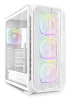 Ein weißer Computertower mit drei kreisförmigen RGB-Lüftern an der Vorderseite und einem Lüfter an der Seite, untergebracht in einem transparenten Gehäuse.
