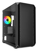 Ein schwarzes Computergehäuse mit einer Seitenscheibe aus Glas gibt den Blick auf einen bunten RGB-Lüfter frei, der für individuelle PC-Builds verwendet wird.