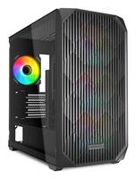 Ein schwarzes Computergehäuse mit Mesh-Frontseite und Seitenpanel, ausgestattet mit bunter RGB-Beleuchtung im Inneren und einem RGB-Lüfter an der Seite.