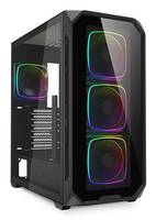 Ein schwarzes Computer-Tower-Gehäuse mit transparentem Seitenpanel, das sechs interne Kühlventilatoren mit RGB-Beleuchtung präsentiert.