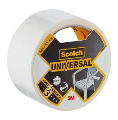 Eine Rolle weißes universelles Scotch-Klebeband von 3M, beschriftet mit „10 m x 48 mm