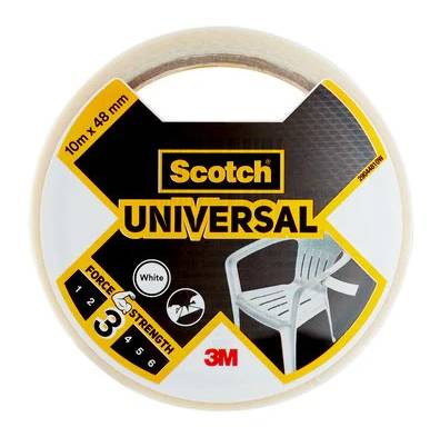 Rundsortiment Scotch Universal Klebeband in Weiß, 10 m x 48 mm, mit 3M-Branding und einer Stuhlillustration auf dem Etikett.