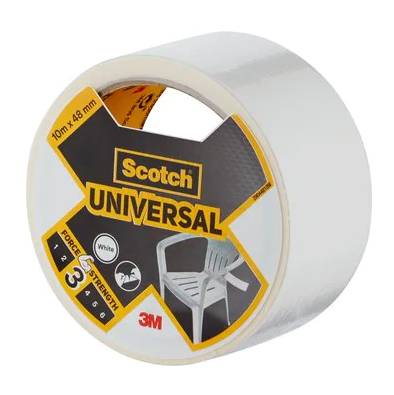 Rolle Scotch Universal weißes Klebeband, 10 m x 48 mm, mit 3M-Verpackungsetikett.