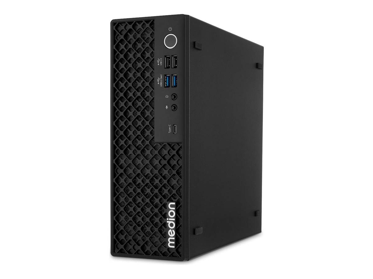 Schwarzer Medion Mini-Desktop-PC-Turm in angewinkelter Vorderansicht, mit strukturiertem Frontpanel, Power-Taste, USB- und Audioanschlüssen.
