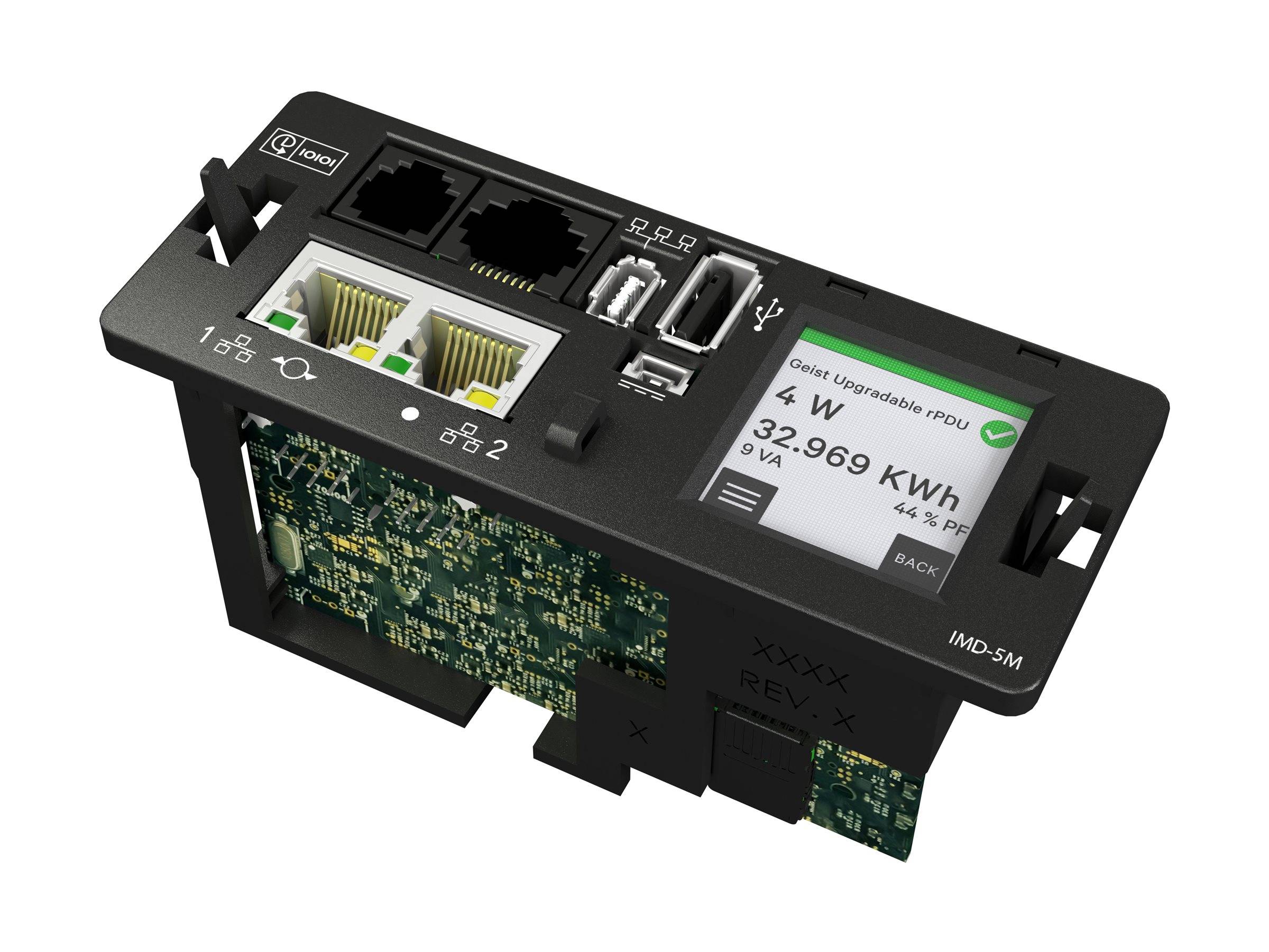 Die Stromverteilungseinheit zeigt auf dem Steuermodul '4W' und '32,969 kWh' auf dem Display, wobei mehrere Anschlüsse und elektronische Komponenten sichtbar sind.