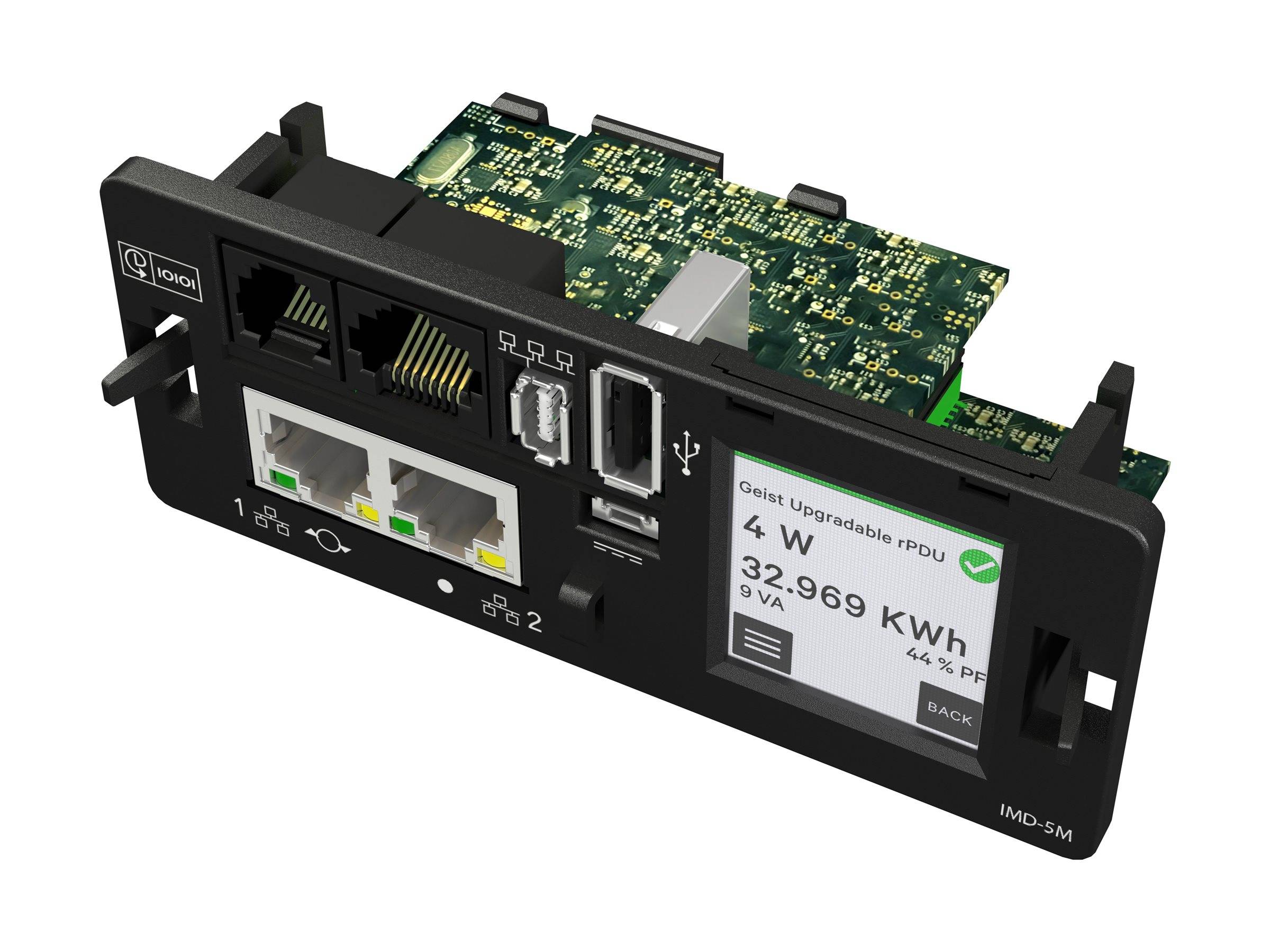 Das Bild zeigt ein elektronisches Gerätefeld mit Ethernet-Anschlüssen, einem USB-Anschluss und einem Bildschirm, der den Stromverbrauch anzeigt: '4 W, 32,969 kWh'.