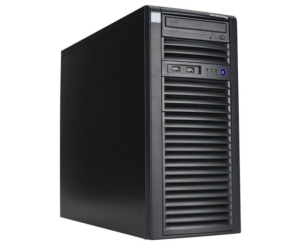 Ein schwarzer Desktop-Computer-Tower mit nach vorne gerichteten USB-Anschlüssen, einem Netzschalter und einem Belüftungsgitter, konzipiert für allgemeine Computeraufgaben.
