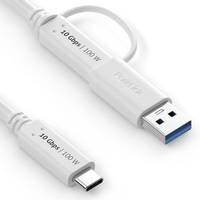 Weiße USB-A- und USB-C-Kabel mit der Beschriftung „10 Gbps / 100 W