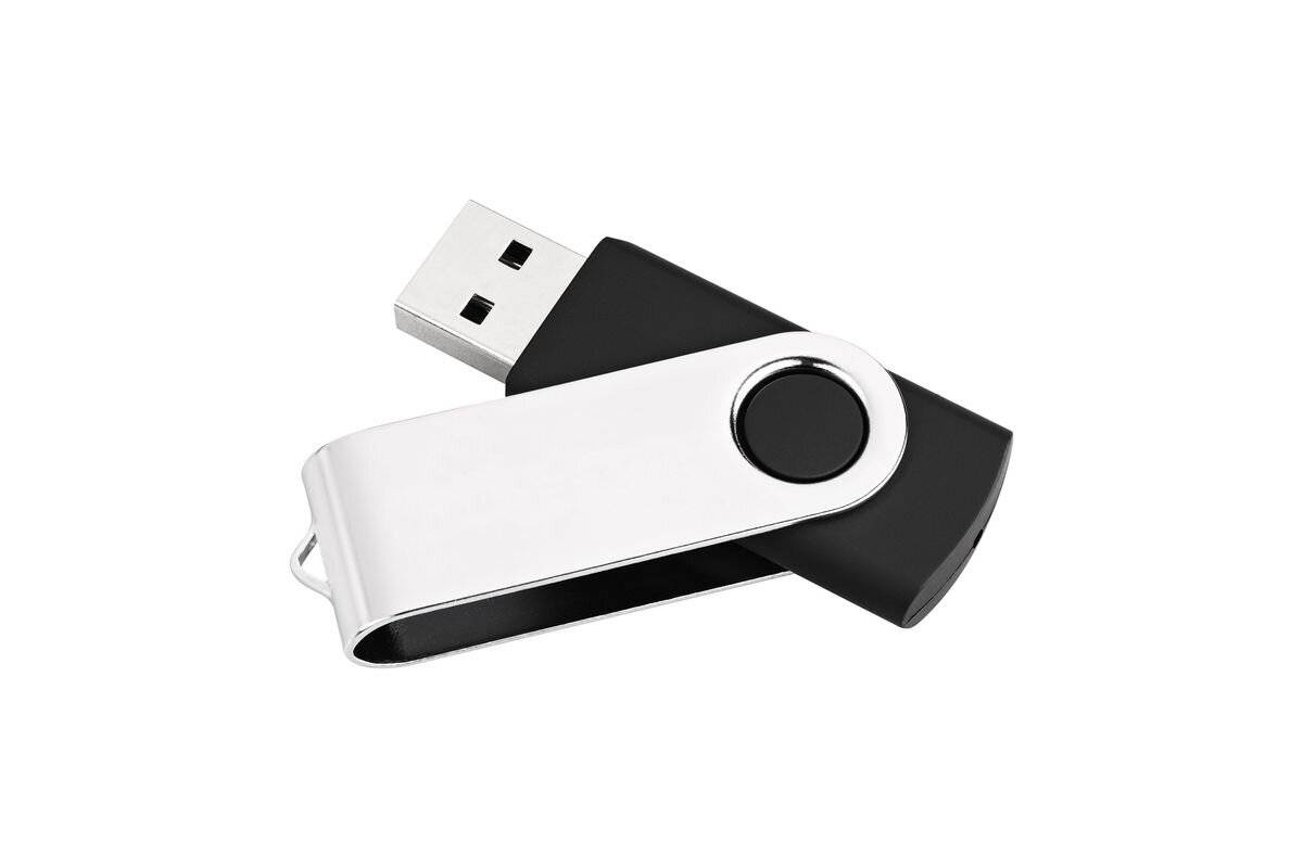 Schwarz-silberner USB-Stick mit drehbarem Metalldeckel, isoliert auf weißem Hintergrund.