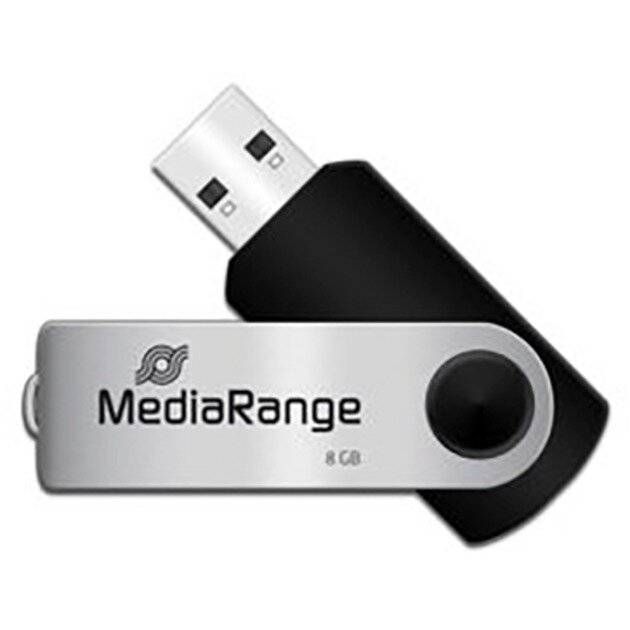 Ein MediaRange 8 GB USB-Speicherstick mit schwarzem Schwenkdeckel und silbernem Gehäuse auf weißem Hintergrund.
