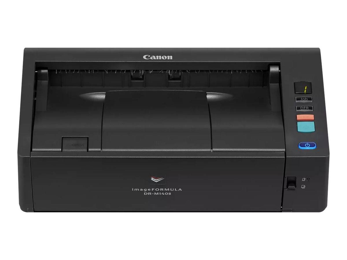Ein Canon imageFORMULA DR-M140II Scanner, der seinen Papierzuführschacht und die Bedienungstasten zeigt, entwickelt für effizientes Dokumentenscannen.