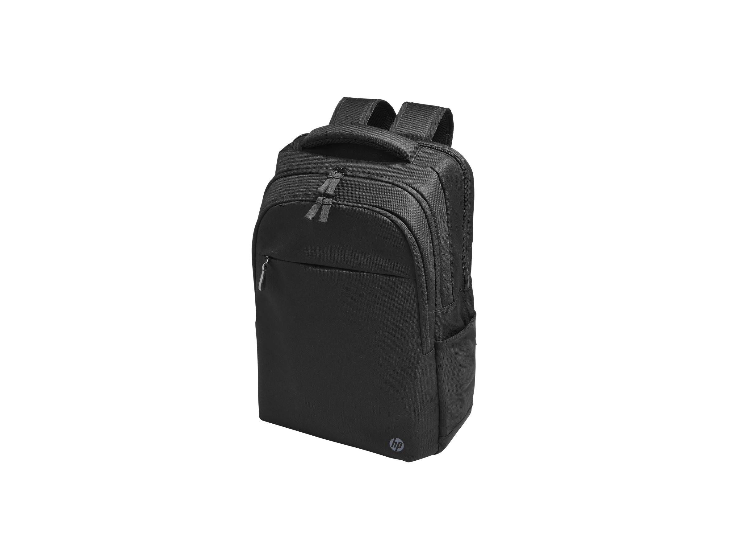 Ein schwarzer Rucksack mit mehreren Fächern und einer Reißverschlusstasche vorne, konzipiert für das Tragen von Büchern, Laptops und täglichen Gebrauchsgegenständen.