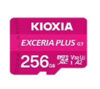 Rosa Kioxia Exceria Plus G3 microSD-Karte mit '256 GB', 'V30', 'A2' Spezifikationen.