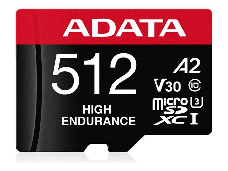 ADATA 512 GB High Endurance microSDXC Speicherkarte; Funktionen umfassen V30, A2, UHS-I, U3, C10 für hohe Geschwindigkeit und Zuverlässigkeit.
