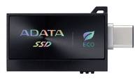 Eine schwarze SSD mit der Aufschrift 'ADATA SSD' und einem 'ECO'-Symbol mit einem Blatt, das auf umweltfreundlichen Speicher hindeutet.