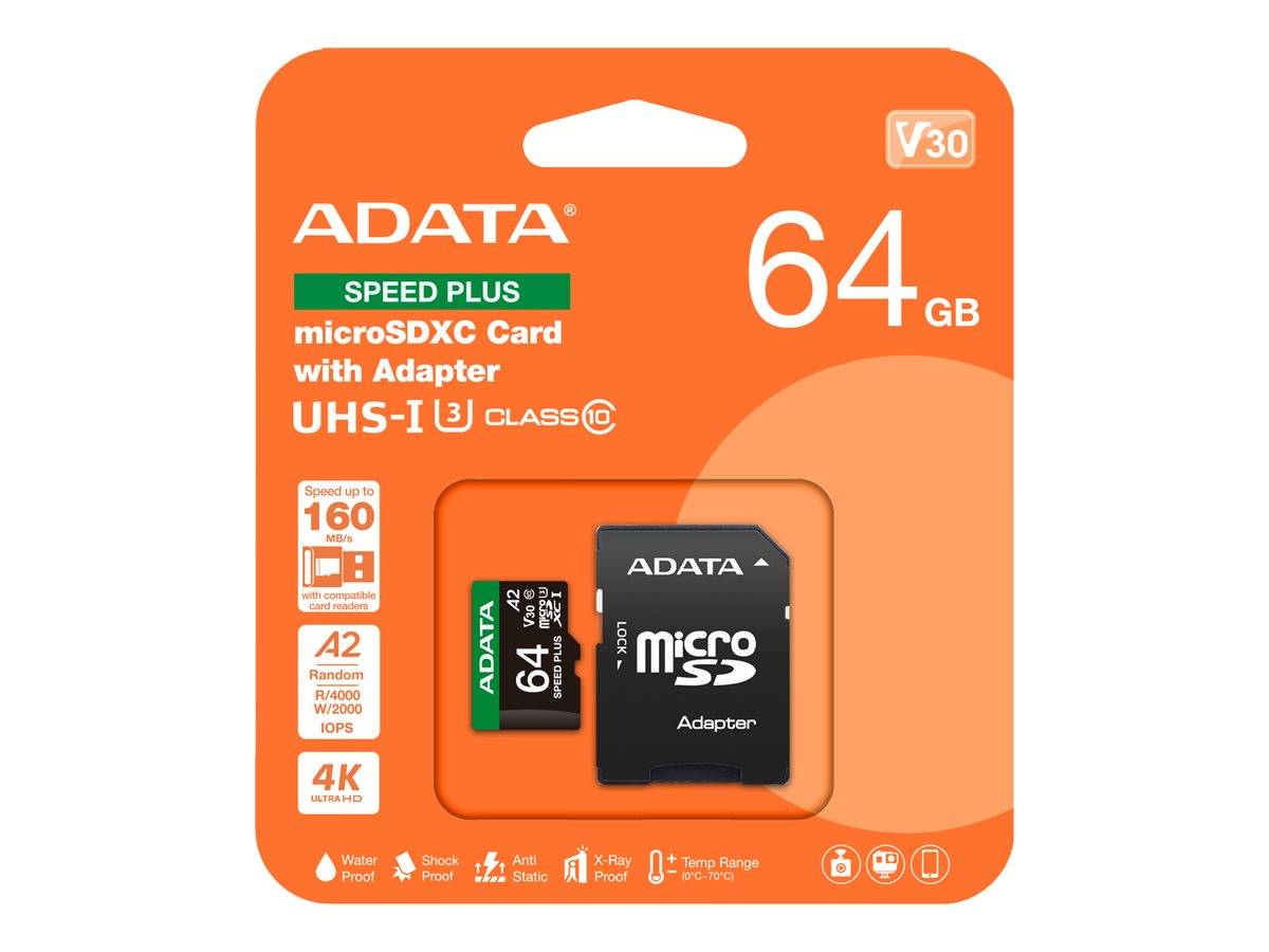 ADATA 64GB Speed Plus microSDXC-Karte mit Adapter, UHS-I U3 Klasse 10, oranges Einzelhandelspaket mit 160 MB/s und 4K-Unterstützung.