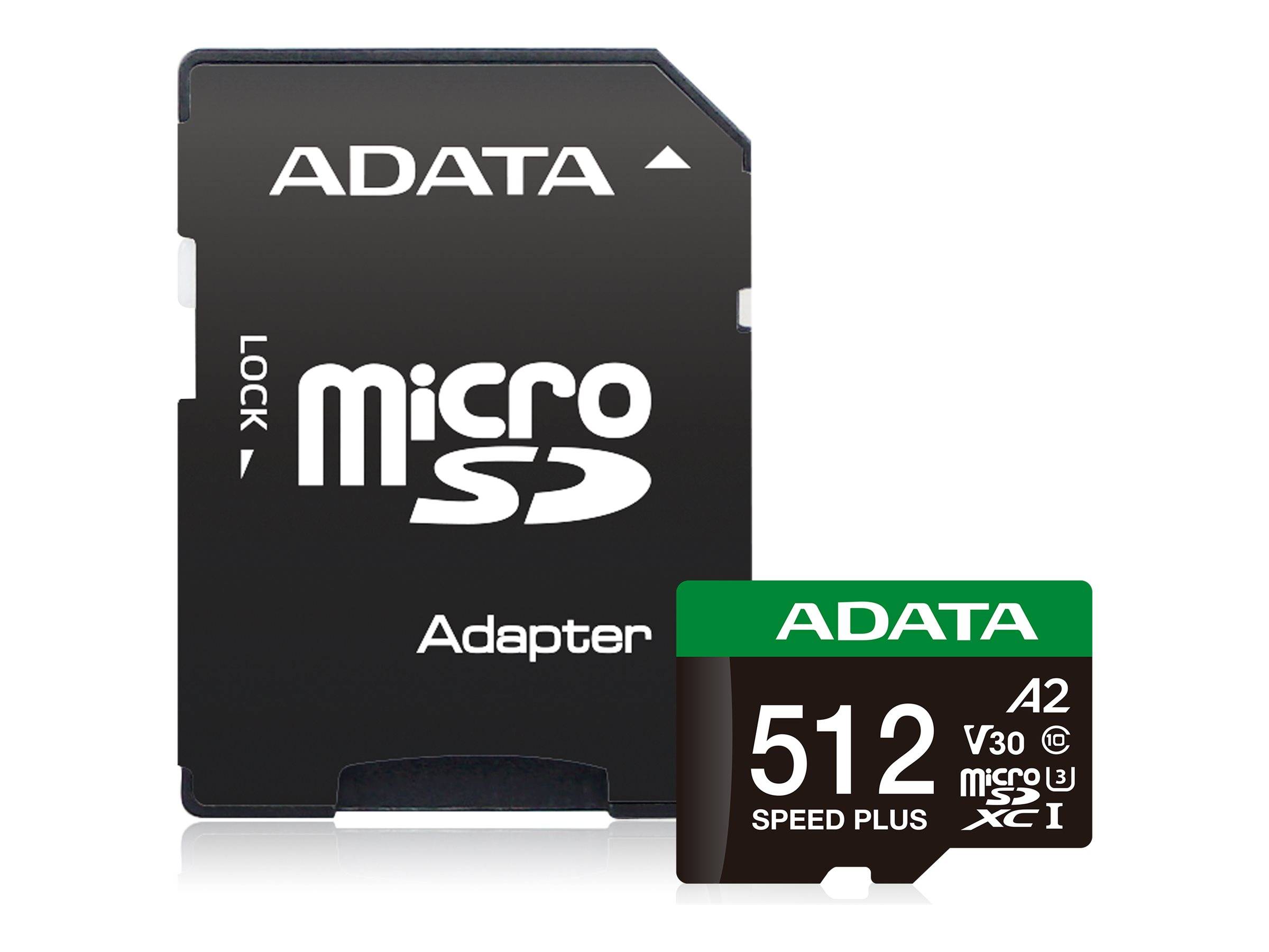 ADATA microSD-Karte mit Adapter abgebildet. Die Karte hat eine Kapazität von 512 GB und ist als Speed Plus, A2, V30 gekennzeichnet. Karte geeignet für microSDXC I-Geräte.