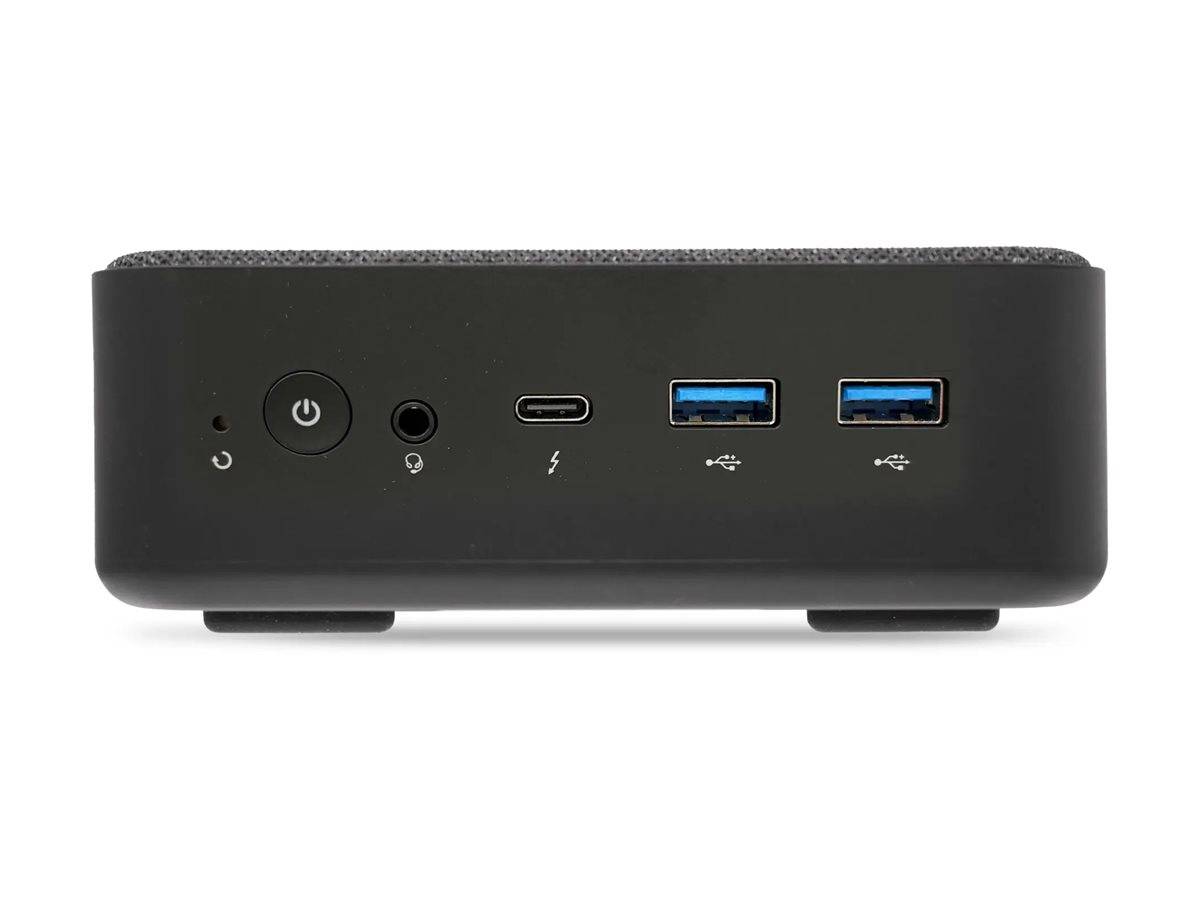 Frontplatte eines Computergeräts mit Einschalttaste, Kopfhörerbuchse, USB-C und zwei USB-A-Anschlüssen, von links nach rechts angeordnet.