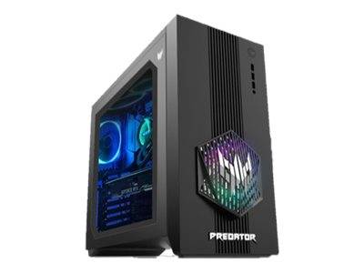 Ein schwarzer Gaming-PC-Tower mit RGB-Beleuchtung im Inneren, ausgestattet mit einer transparenten Seitenscheibe und einem 'Predator'-Logo auf der Frontseite.