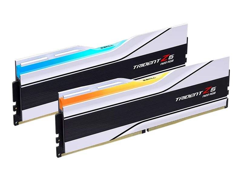 Zwei Riegel Trident Z5 Neo RGB RAM, mit elegantem Design, beleuchteten RGB-Oberflächen und schwarzen Akzenten, die fortschrittliche Computerhardware hervorheben.