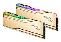 Zwei goldfarbene Computer-RAM-Module mit mehrfarbiger Beleuchtung oben, beschriftet mit 'Trident Z5 Royal'.