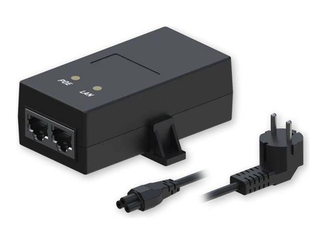 Ein schwarzes Netzteil mit einem Ethernet-Anschluss, beschriftet mit 'POE' und 'LAN', und zwei Kabeln, die Netzwerkverbindung und Stromversorgung bereitstellen.