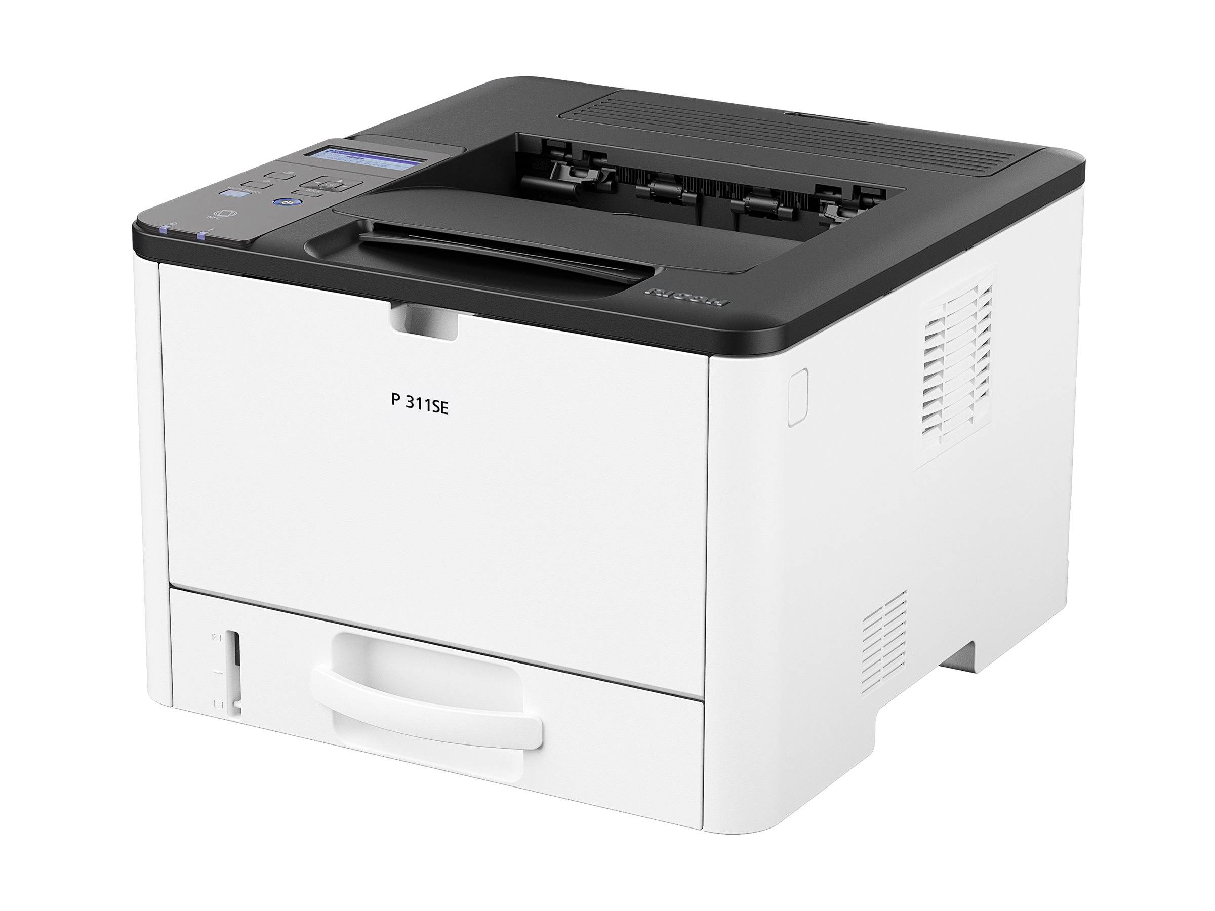 Weiß-schwarzer Desktop-Laserdrucker, mit der Bezeichnung P 3115E, in Dreiviertelperspektive auf neutralem Hintergrund dargestellt.