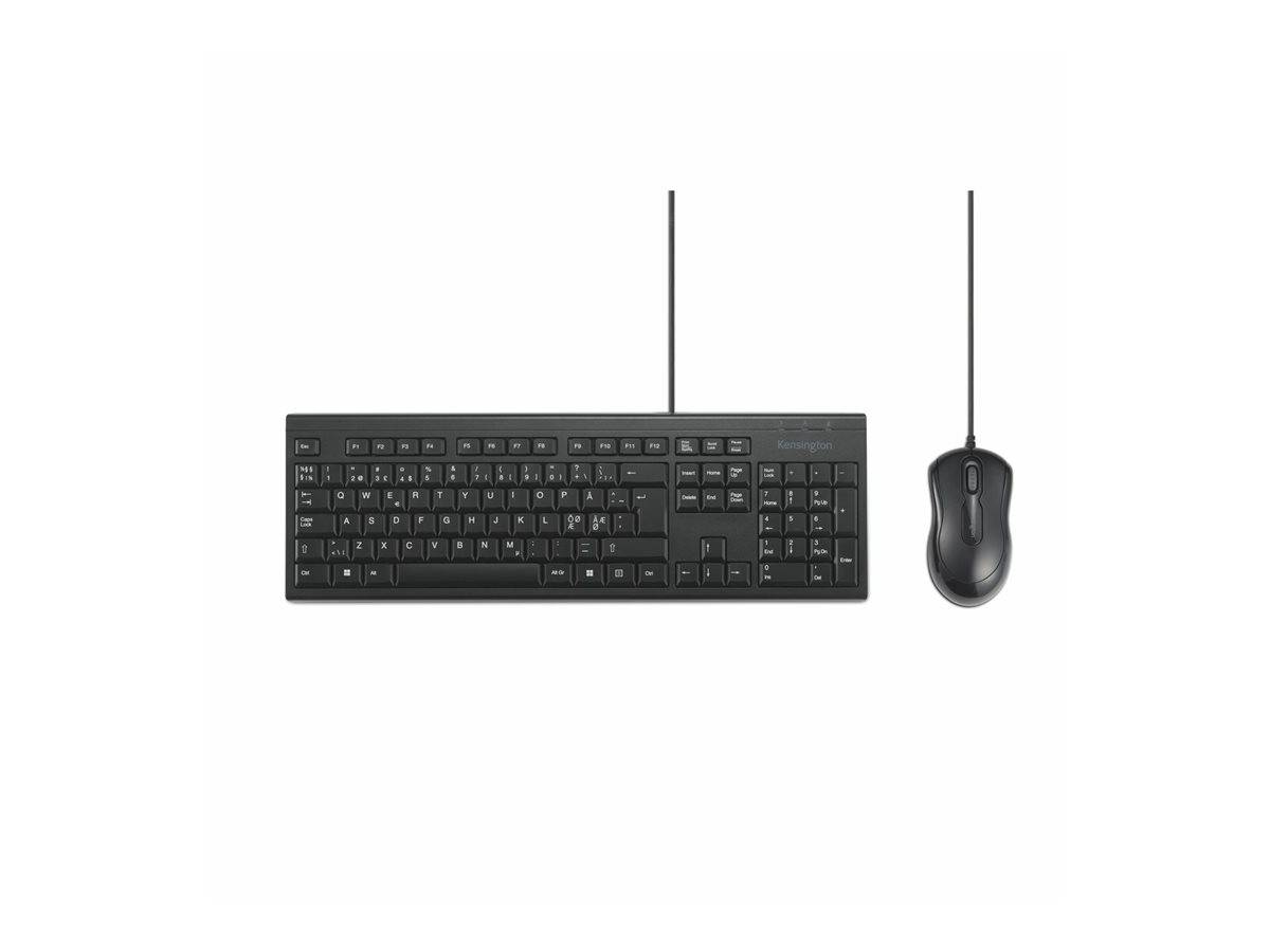 Ein schwarzes Tastatur- und Mausset mit Kabeln, vor einem weißen Hintergrund positioniert. Die Tastatur verfügt über ein standardmäßiges Layout.