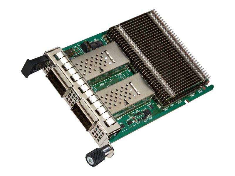 Eine Computer-Hardwarekomponente mit mehreren Anschlüssen und Kühlkörpern auf einer grünen Leiterplatte, die für Netzwerke oder Datentransfer verwendet wird.