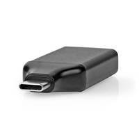 Ein Nahaufnahmebild eines schwarzen USB-C-Adapters, der seinen Anschlussende und rechteckigen Körper zeigt, verwendet zum Aufladen von Geräten oder Datenübertragung.