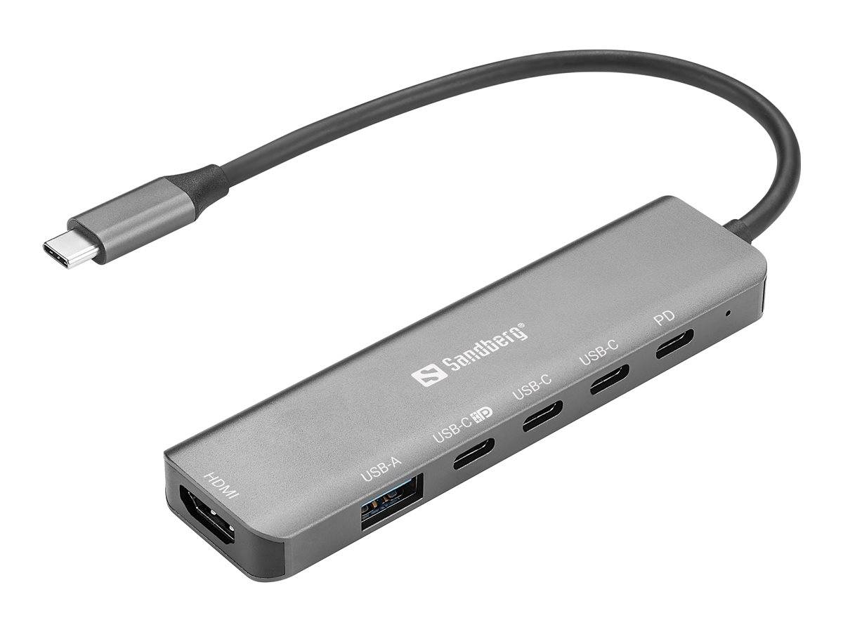 Ein schlanker, silberner USB-Hub mit mehreren Anschlüssen, darunter USB-C, USB-A, HDMI und PD, mit der Bezeichnung 