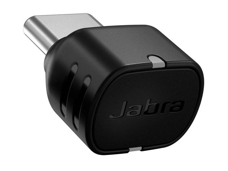 Jabra USB-C Wireless-Adapter Dongle, schwarz mit silbernem Stecker, auf neutralem Hintergrund dargestellt.