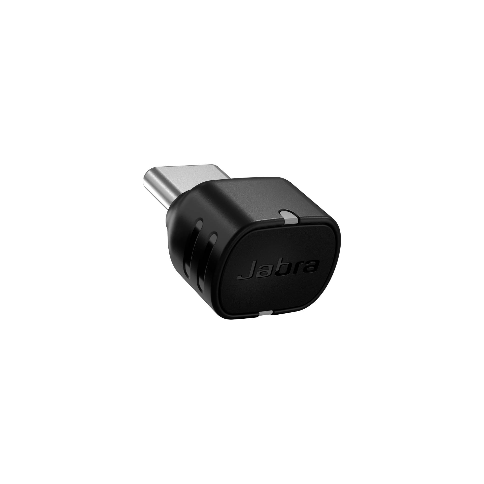Schwarzer Jabra USB-C Wireless-Adapter-Dongle auf schwarzem Hintergrund dargestellt.