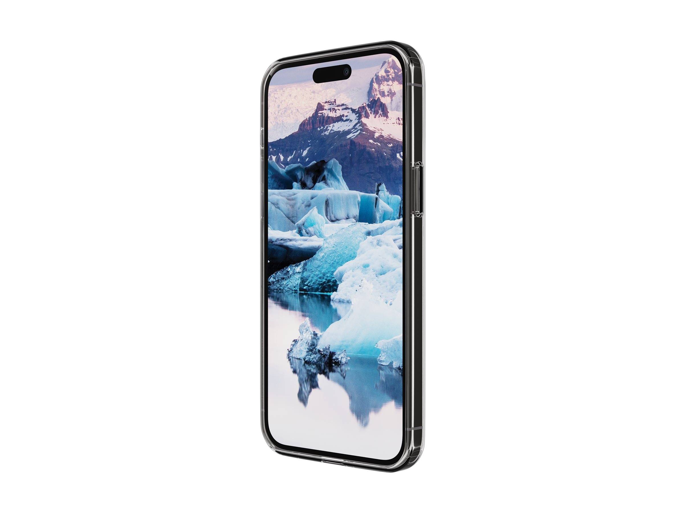 Ein Smartphone mit einer Schneelandschaft, die einen schneebedeckten Berg und eine Gletscherszene auf dem Bildschirm zeigt, aus einem seitlichen Winkel betrachtet.