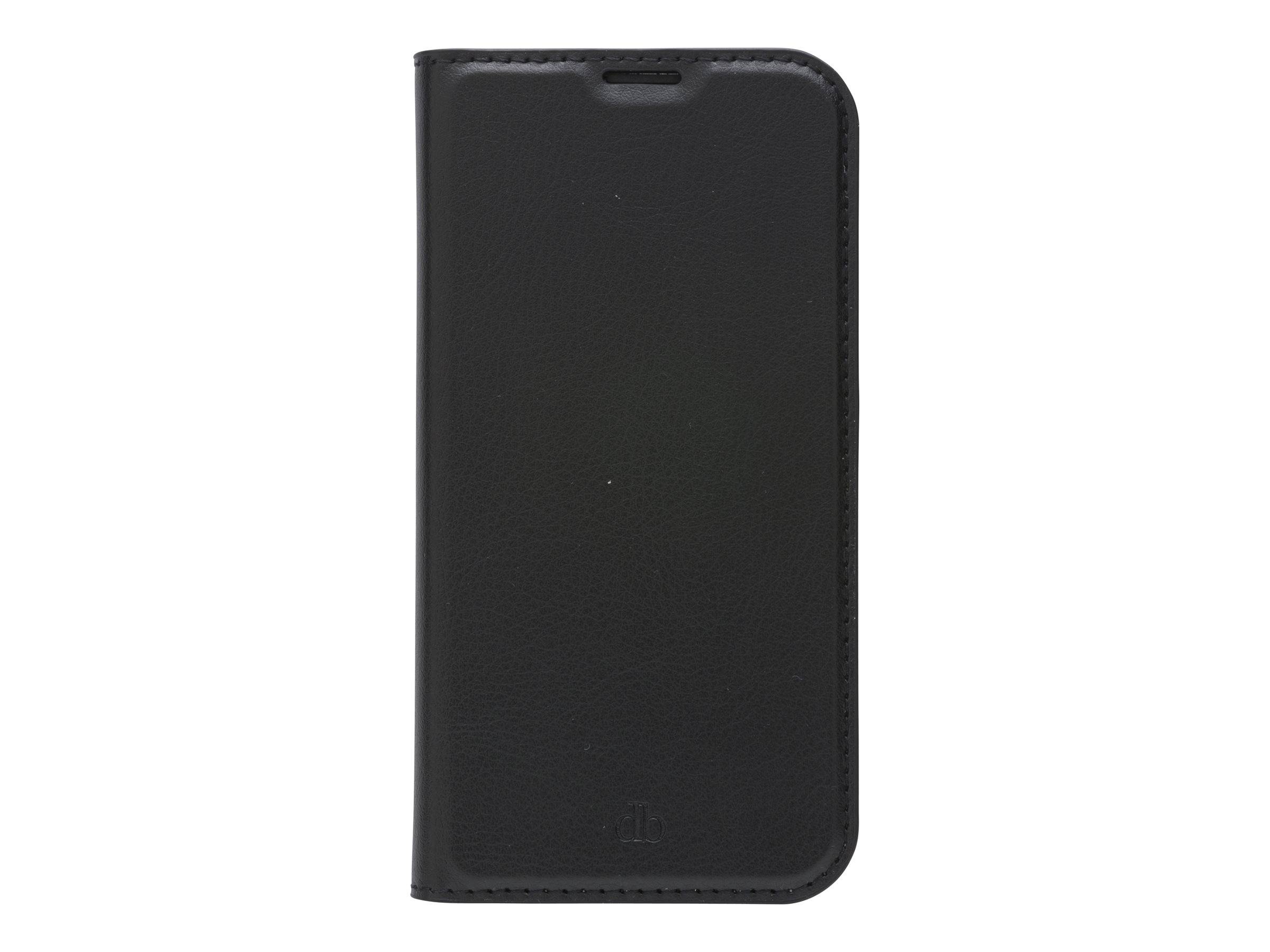 Eine schwarze Lederhandyhülle mit magnetischem Verschluss, geschlossene Ansicht, die ihre strukturierte Oberfläche und schlankes, einfaches Design zeigt.