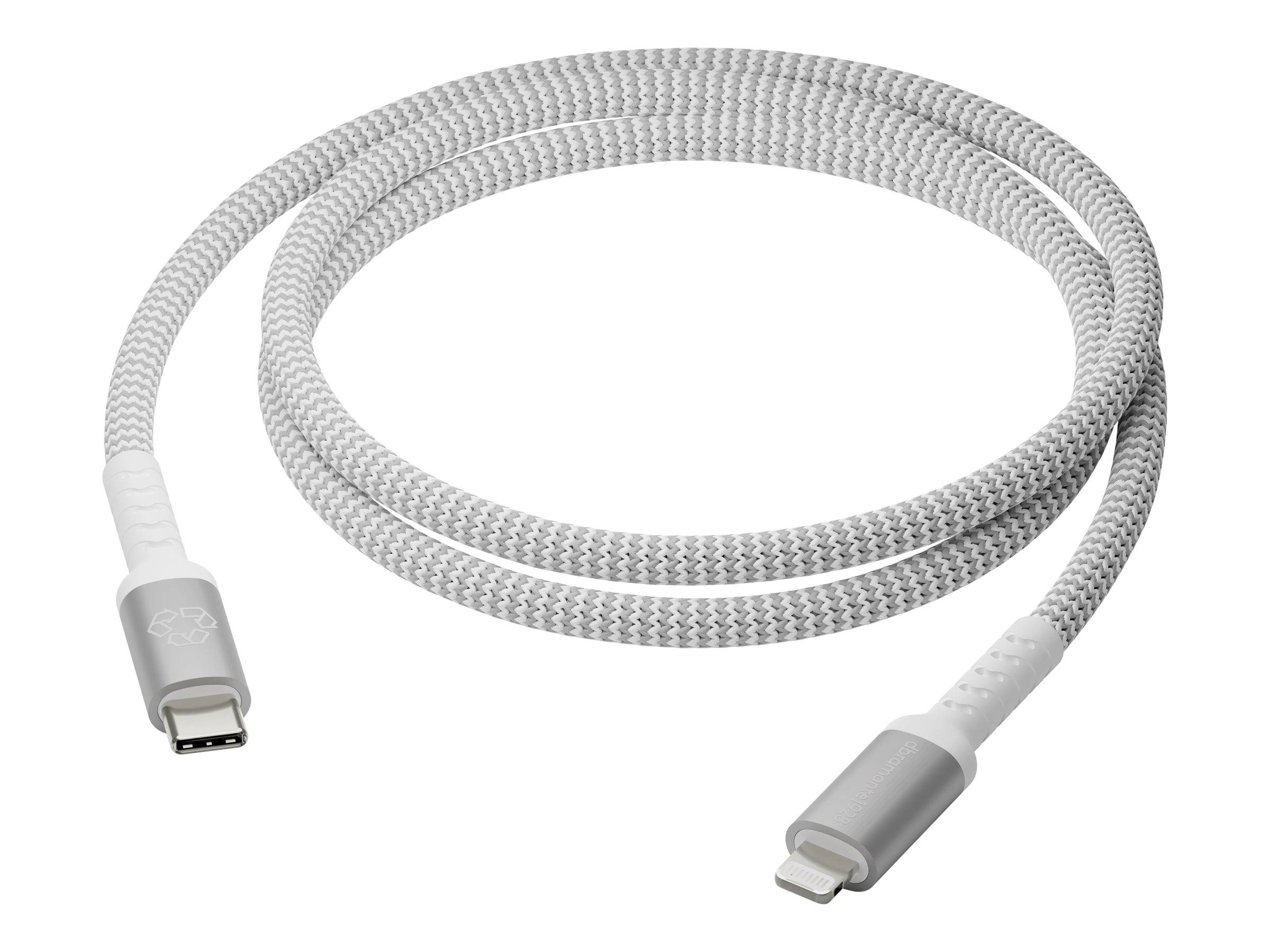 Ein geflochtenes USB-C auf Lightning-Kabel, grau und weiß, aufgewickelt und auf einer weißen Oberfläche liegend, geeignet zum Laden und Datentransfer.
