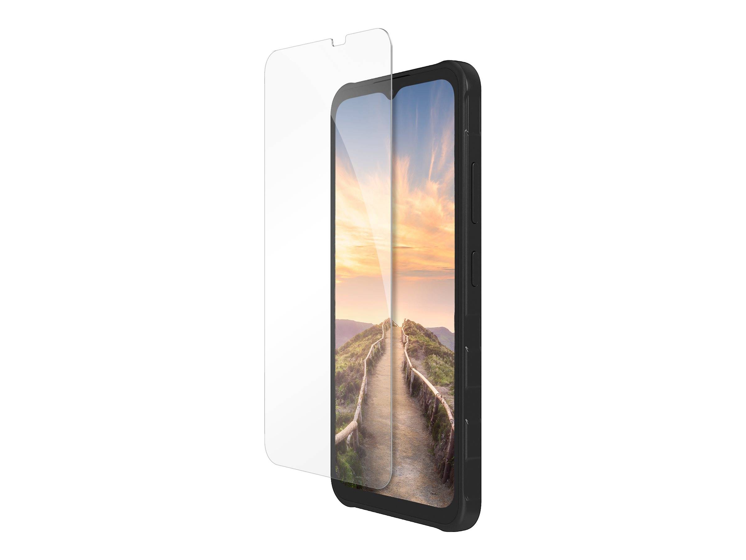 Ein Smartphone mit einem teilweise aufgeklebten transparenten Displayschutz, der einen malerischen Weg mit einem Sonnenaufgang auf dem Display zeigt.