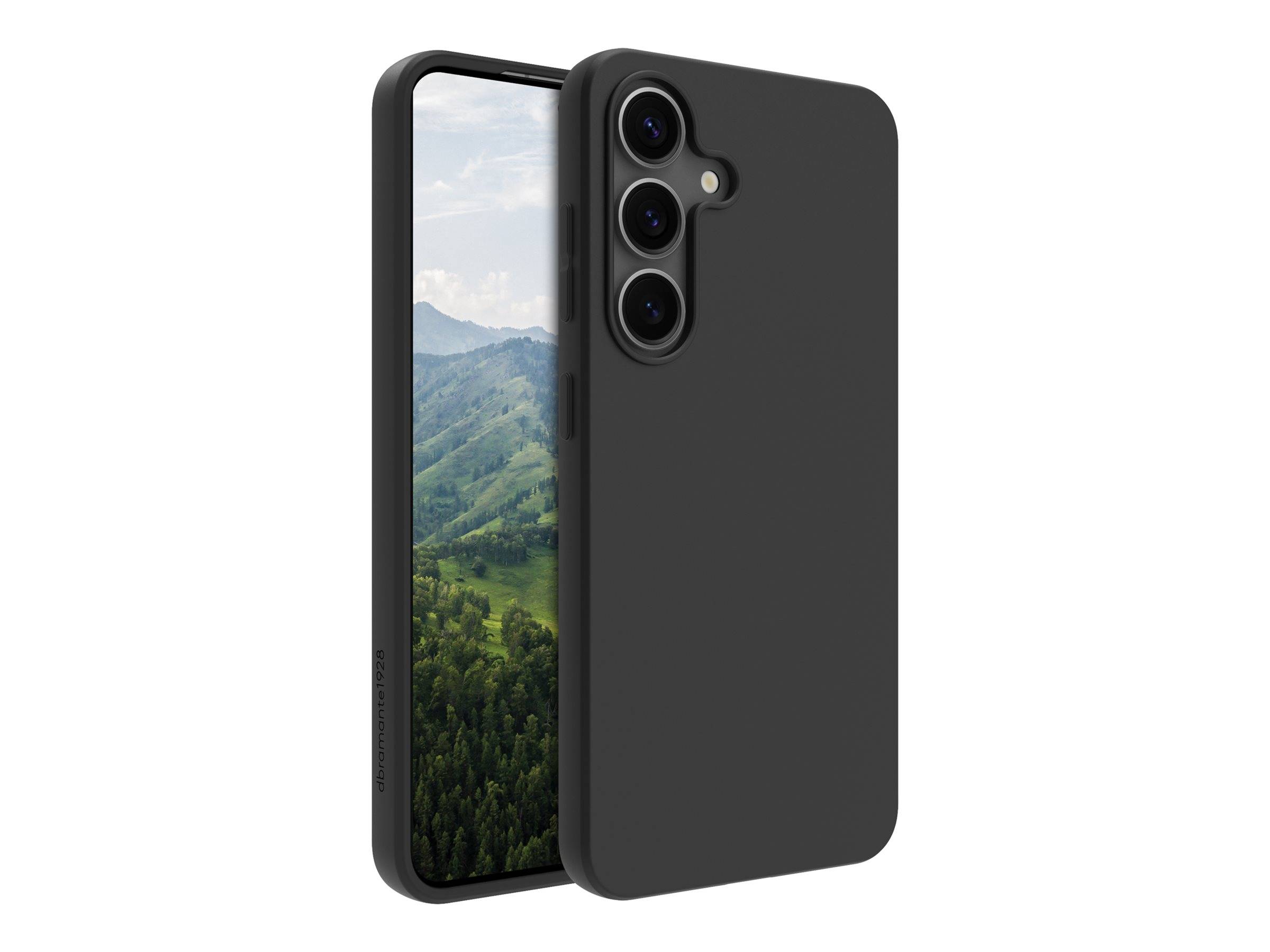Ein Smartphone mit einer Triple-Kamera-Anordnung auf der Rückseite, ausgestattet mit einem eleganten schwarzen Gehäuse. Der Telefonbildschirm zeigt eine malerische Berglandschaft.