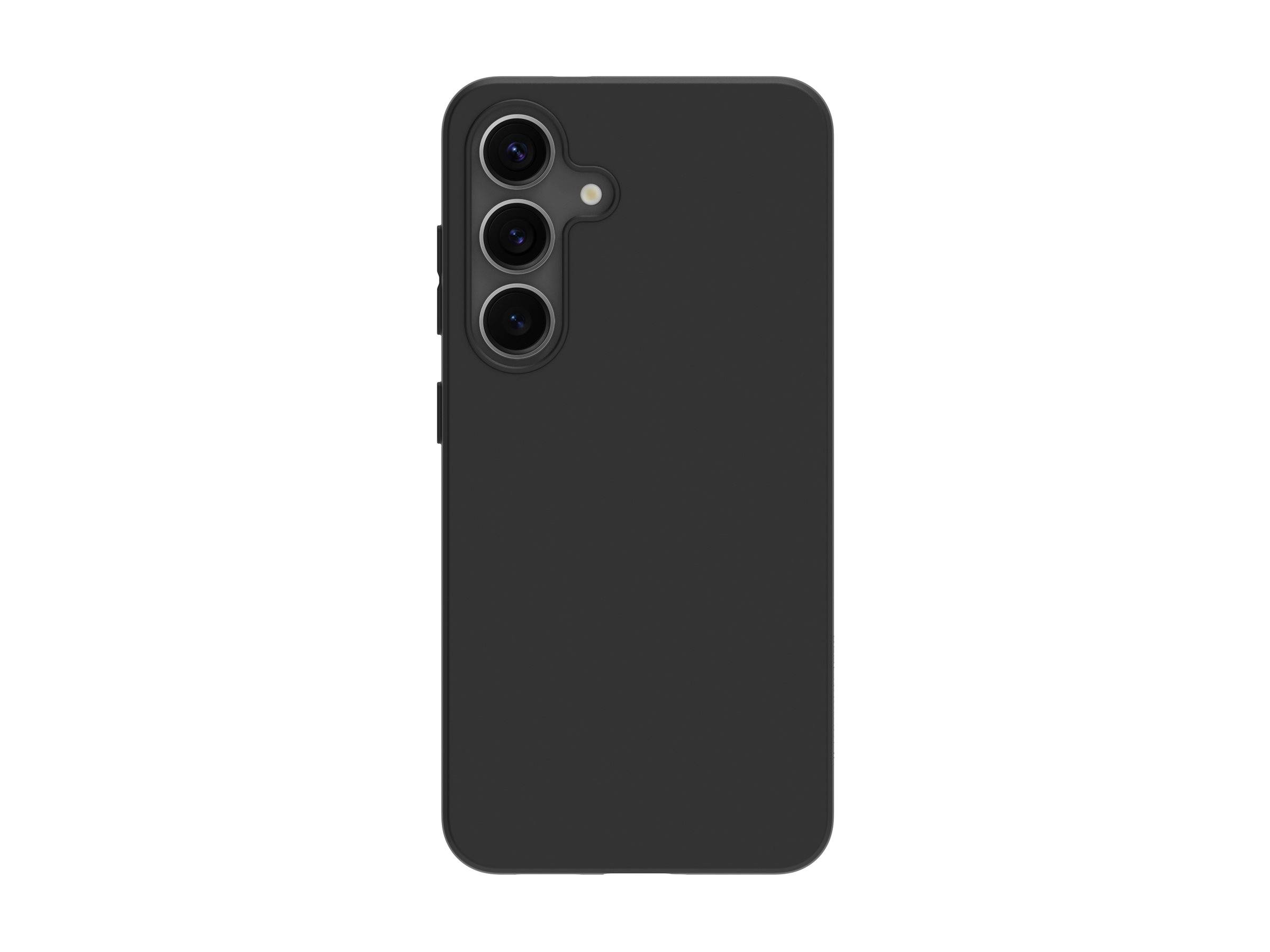 Ein schwarzes Smartphone mit drei Kameraobjektiven in vertikaler Ausrichtung, von hinten betrachtet.