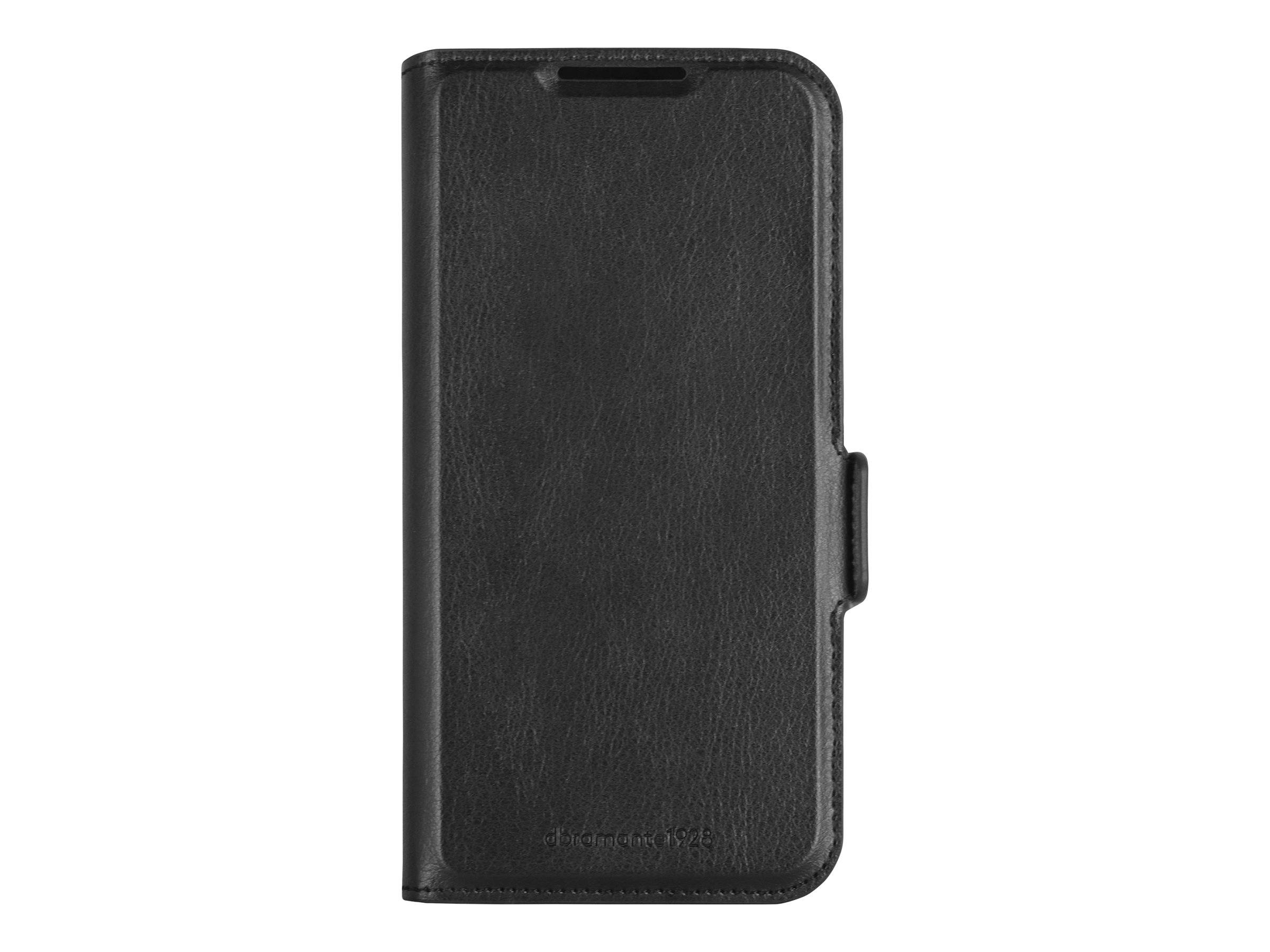 Eine schwarze Ledertasche für Smartphones mit Klappmechanismus, die im Inneren Kartenfächer und einen magnetischen Verschluss an der Seite aufweist.