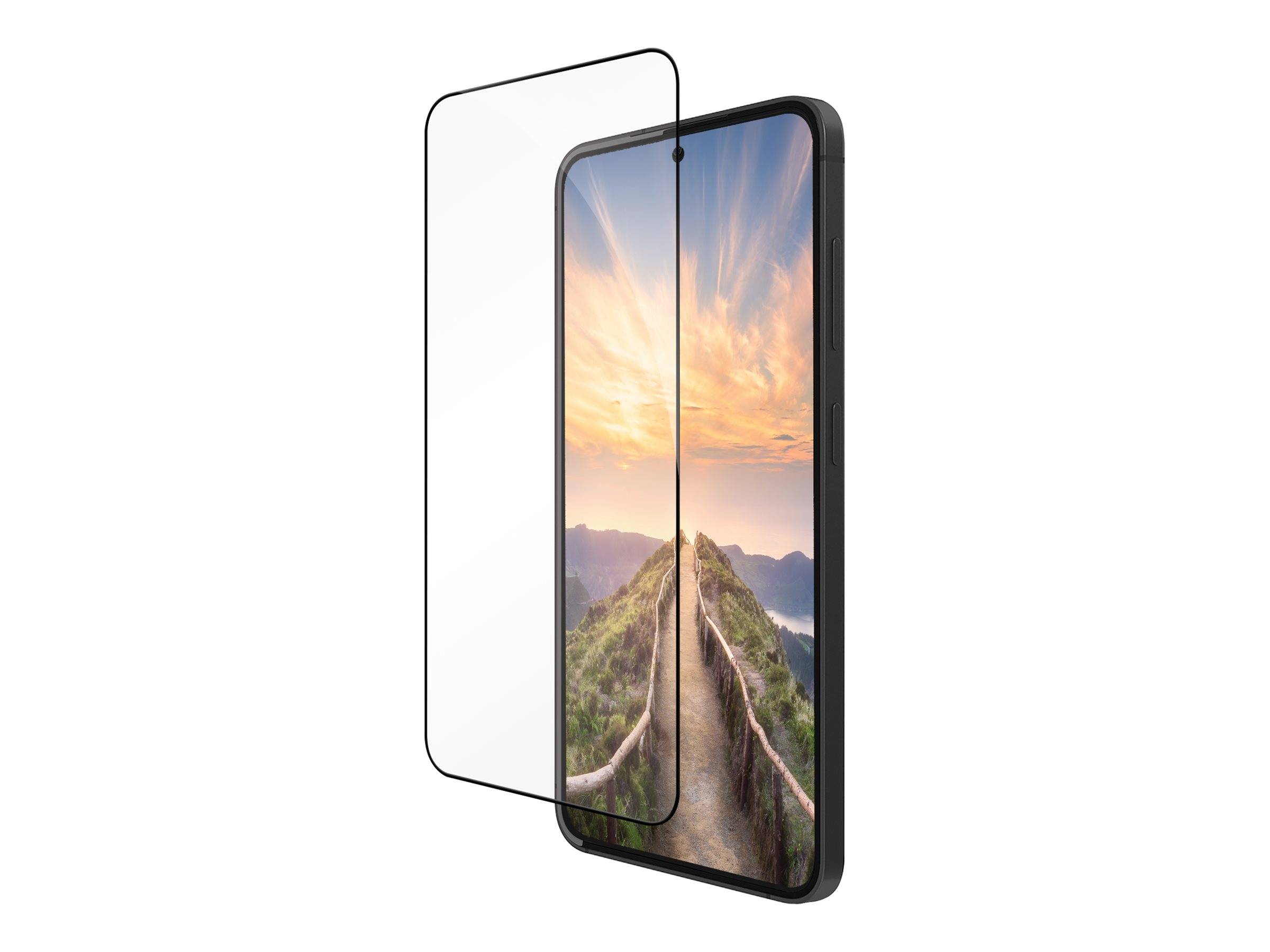 Ein Smartphone mit einem landschaftlichen Bergweg, der auf dem Bildschirm angezeigt wird, teilweise verdeckt von einer transparenten Schutzfolie, wobei der Geräteschutz betont wird.