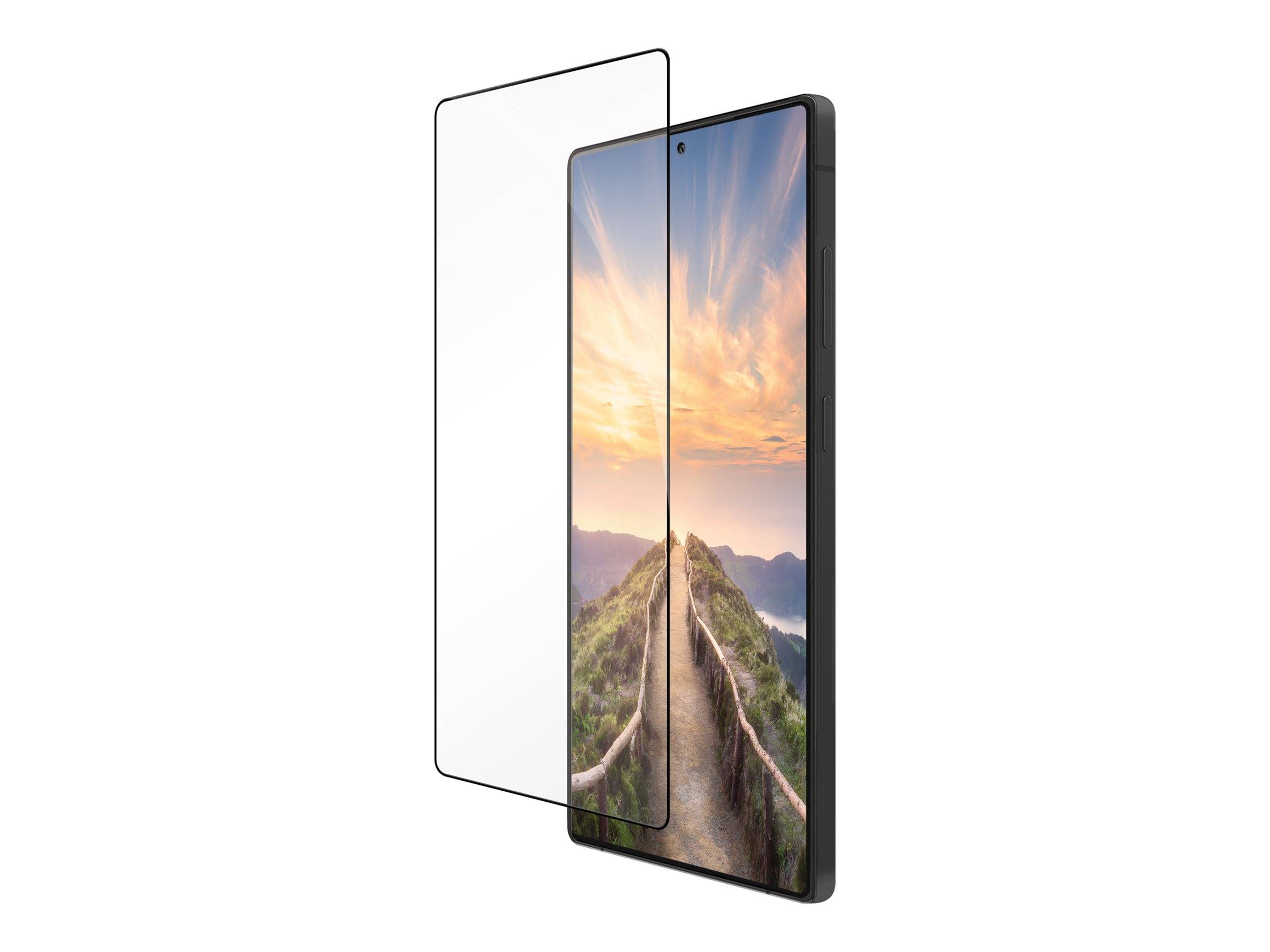 Ein Smartphone mit einem Landschaftsweg-Bild auf dem Bildschirm. Ein transparenter Displayschutz schwebt daneben und betont seine Kompatibilität.