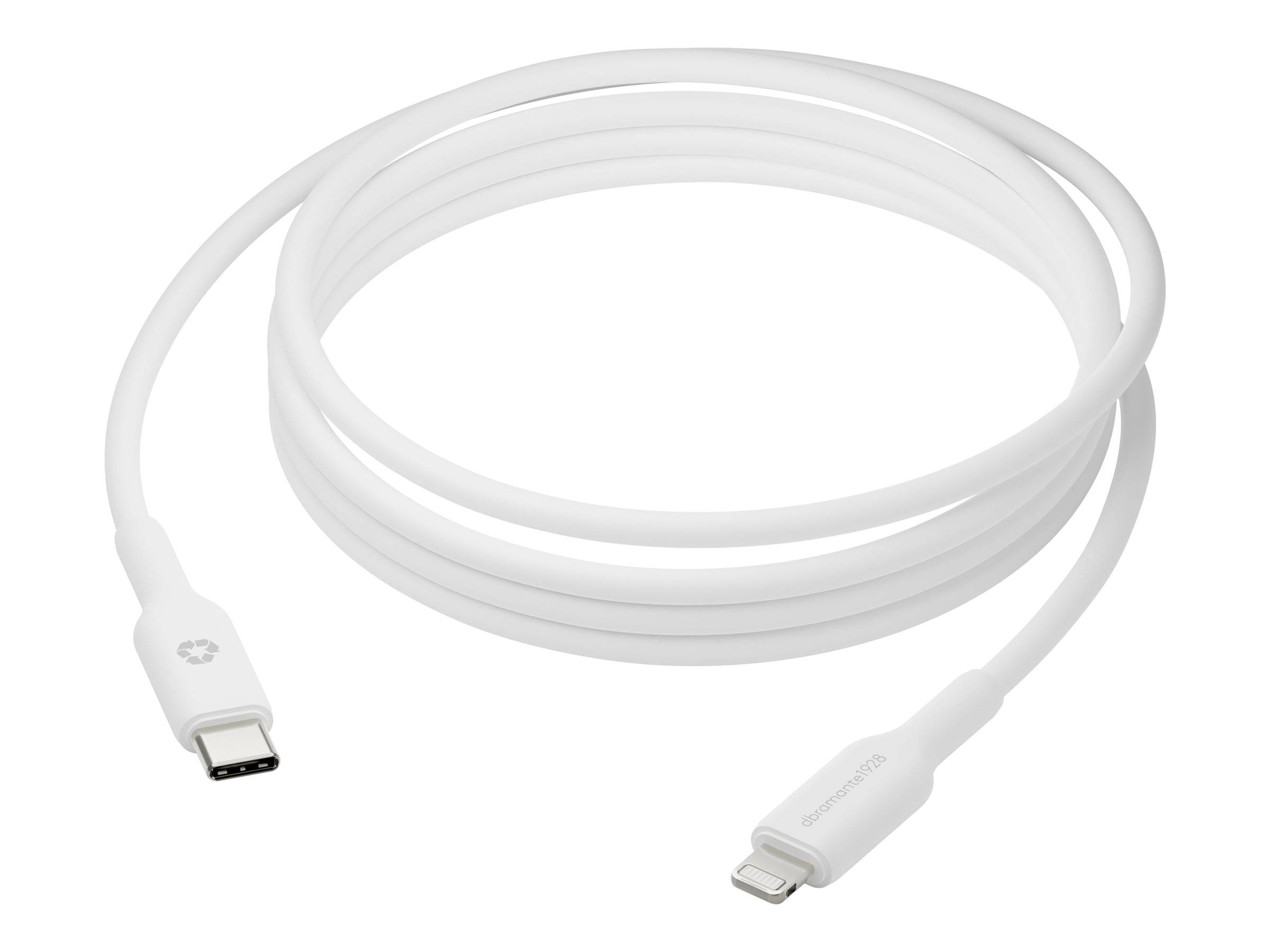 Weißes USB-C zu Lightning-Kabel aufgewickelt, mit sichtbaren Anschlüssen an beiden Enden.