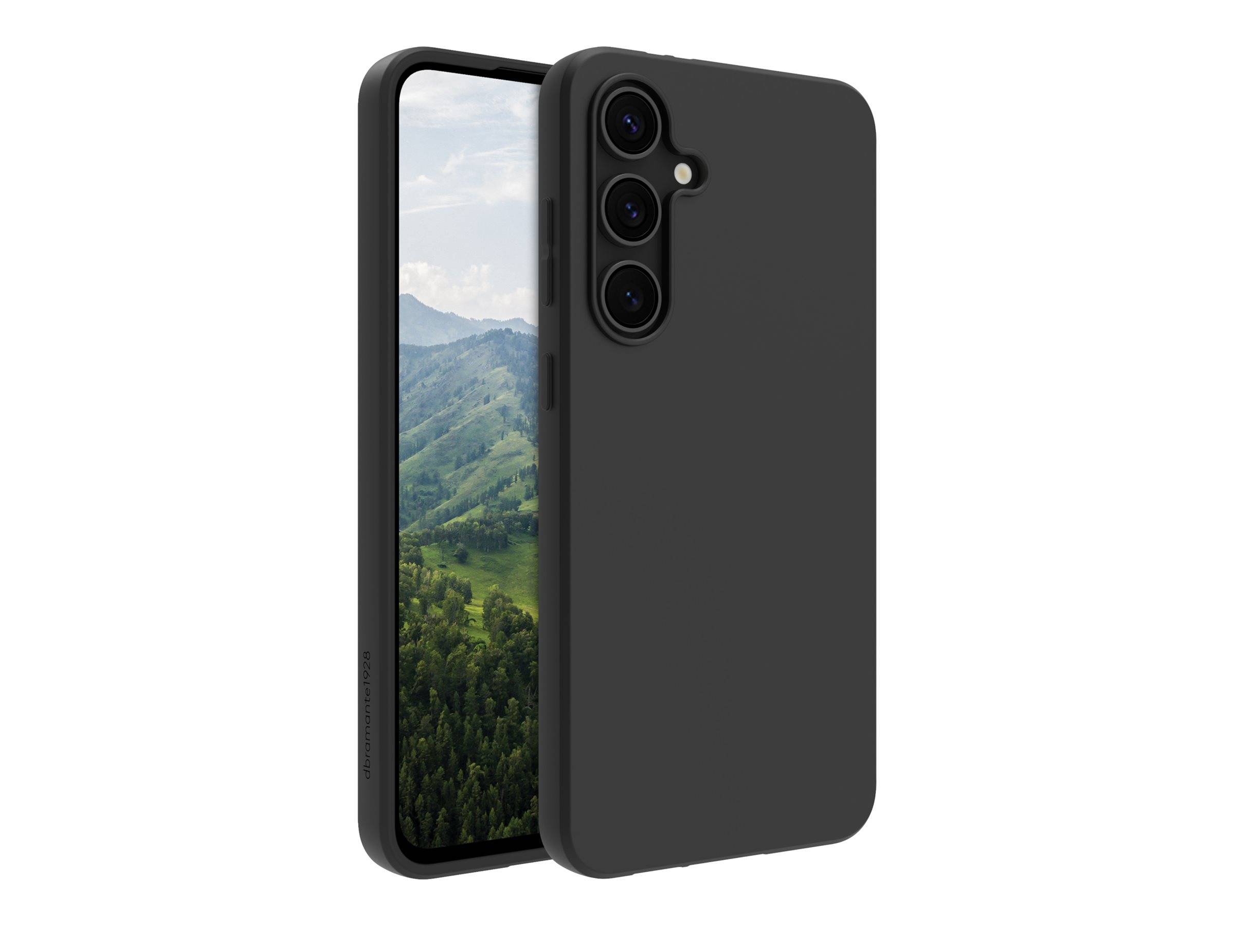 Ein schwarzes Smartphone-Gehäuse bedeckt teilweise ein Telefon, auf dessen Bildschirm eine malerische Landschaft mit Hügeln und Bäumen zu sehen ist.