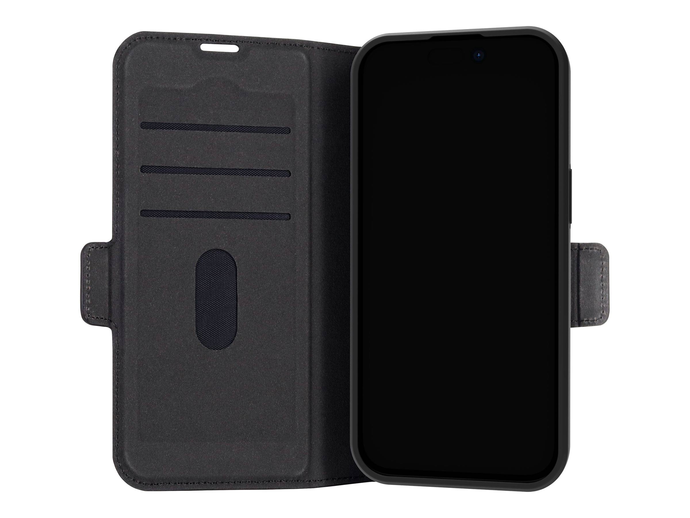 Schwarzes Smartphone mit geöffneter Flip-Hülle, die drei Kartenfächer zeigt.
