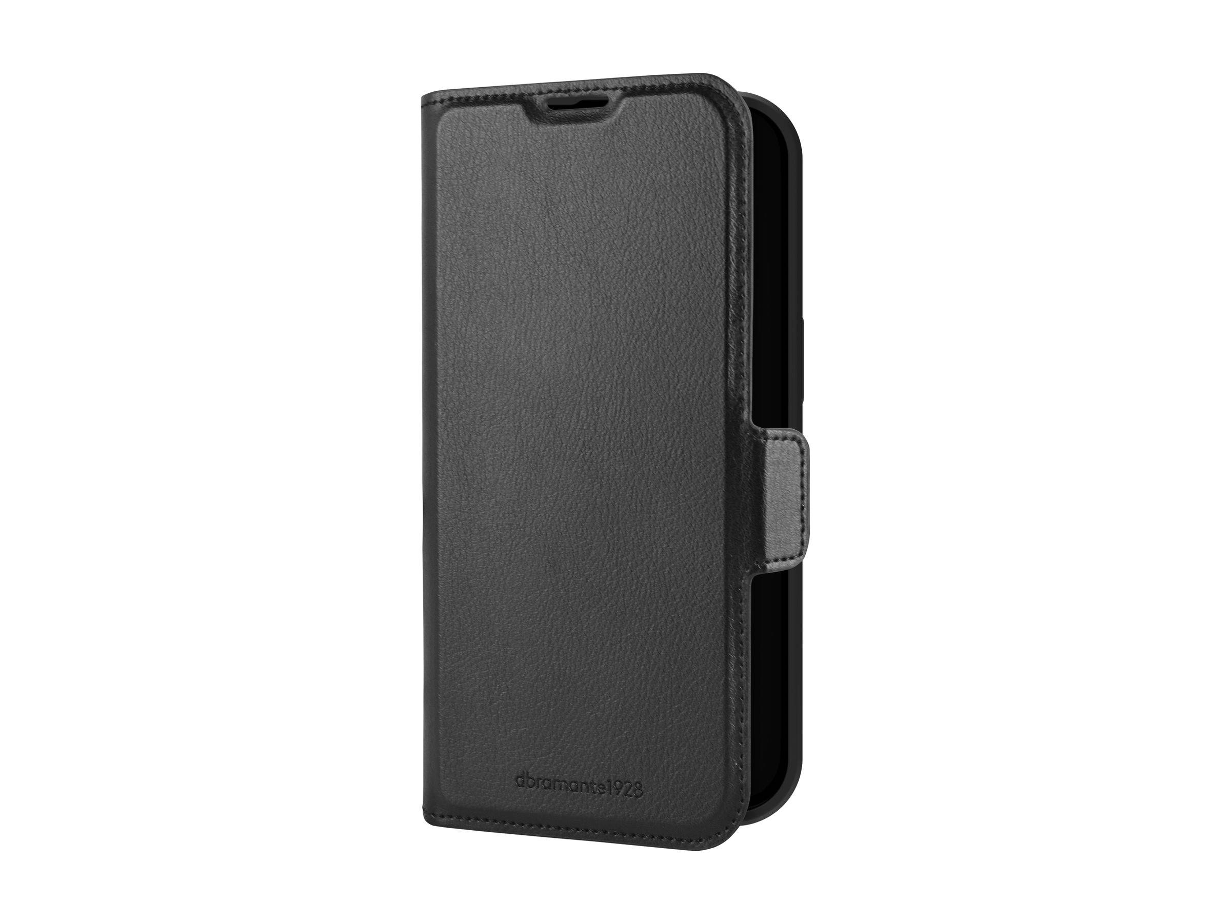 Schwarze Ledertasche für Mobiltelefone mit Klappe, ausgestattet mit einer magnetischen Verschlussvorrichtung und einer präzisen Aussparung für Kamerazugang.