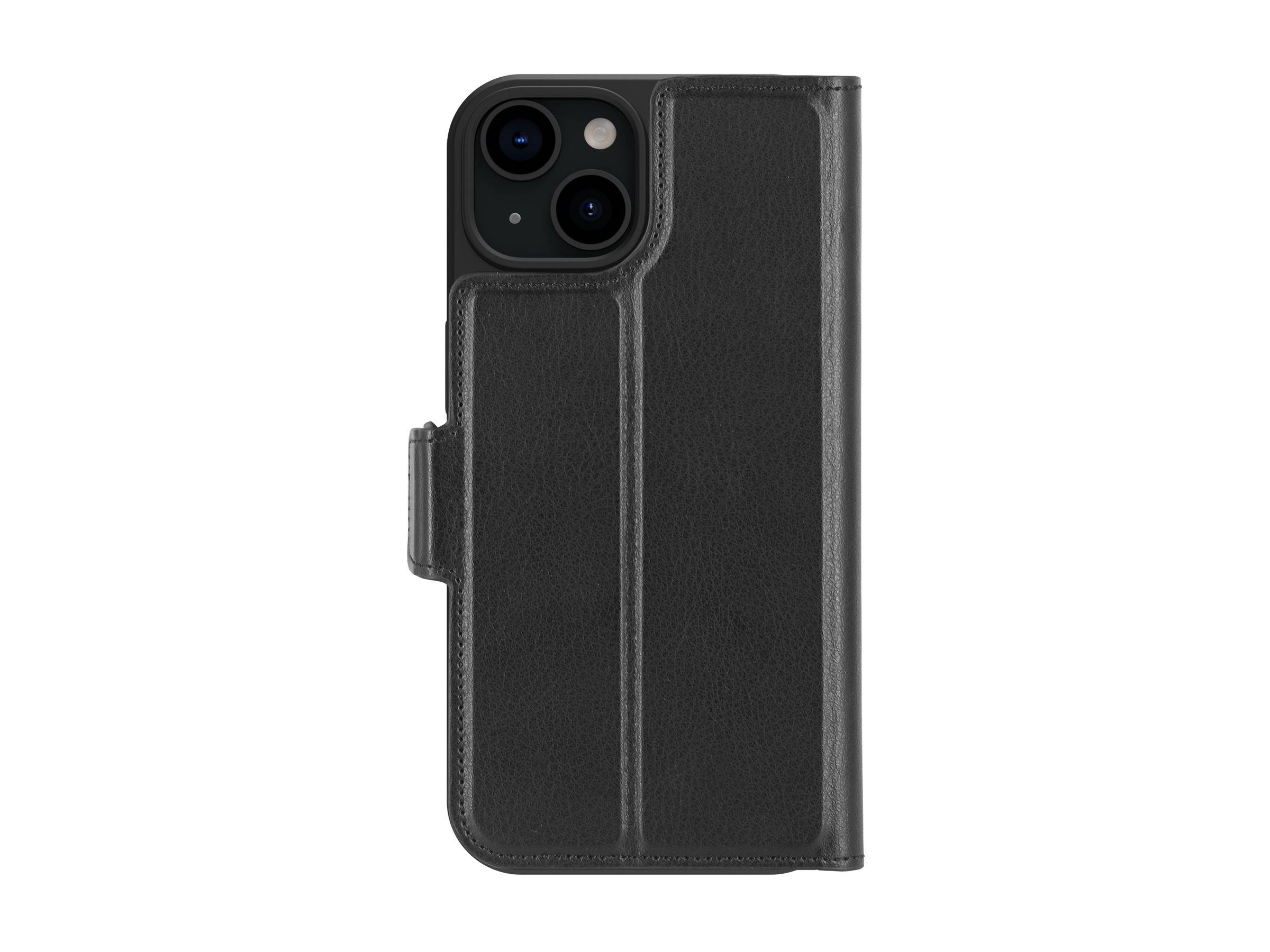 Eine schwarze Ledertasche für das Handy mit einer faltbaren Abdeckung, die sowohl die Vorder- als auch die Rückseite eines Smartphones schützt.