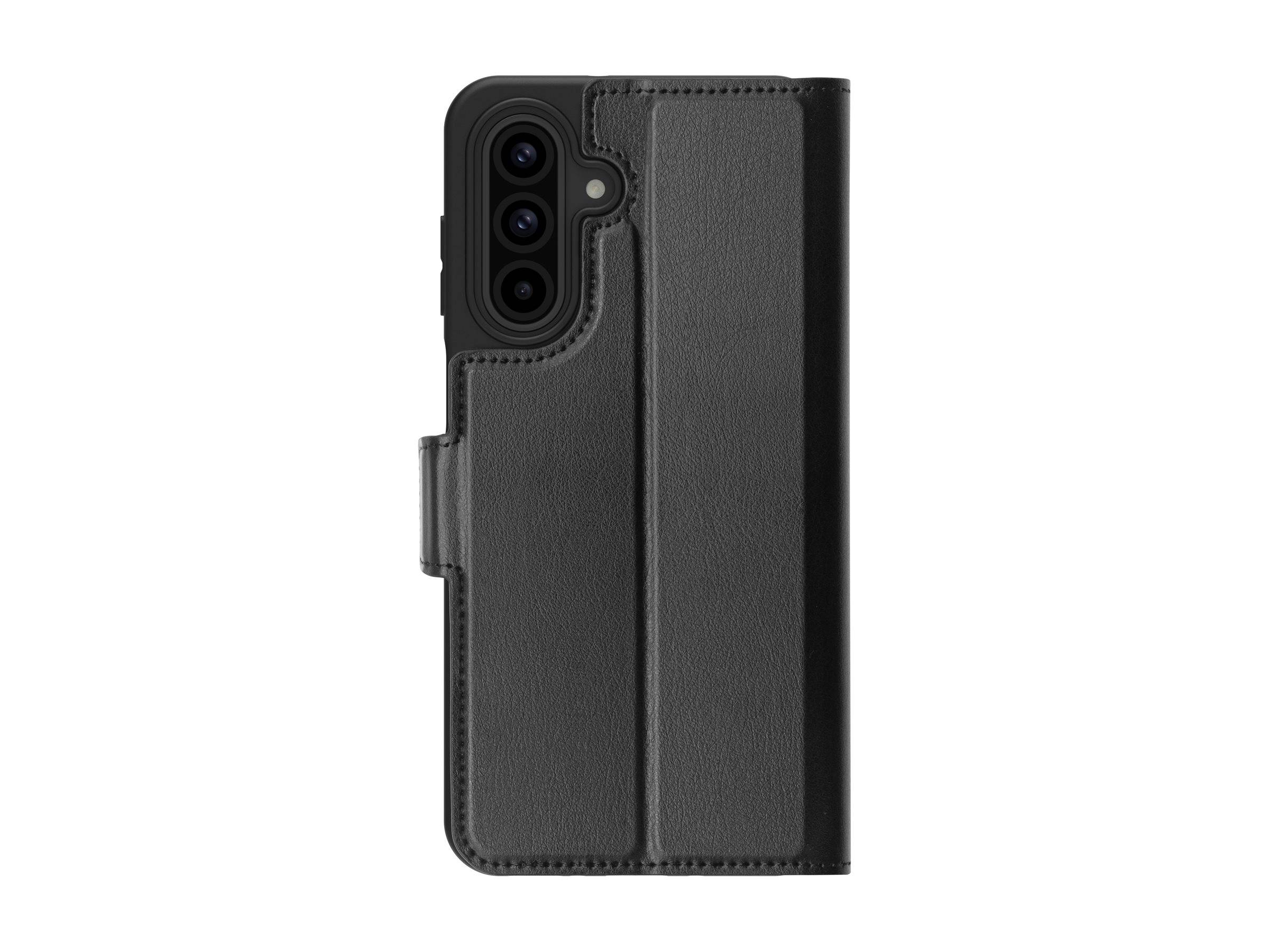 Schwarze Ledertasche für Smartphones mit drei Aussparungen für Rückkameras, entwickelt für eine sichere Befestigung des Geräts und ausgestattet mit einem magnetischen Verschluss.