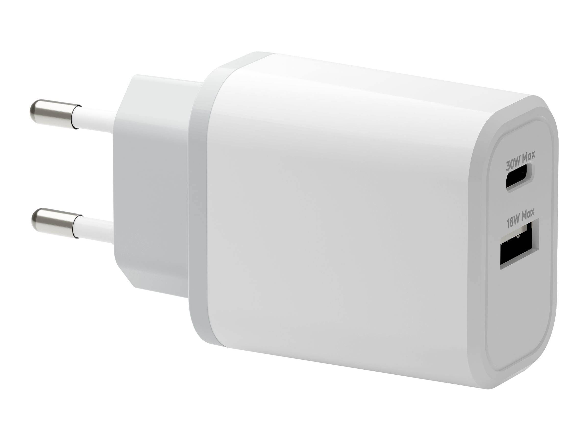 Ein weißer Dual-Port-USB-Wandladegerät mit zwei USB-Anschlüssen, die mit '30W' und '18W' gekennzeichnet sind und für schnelles Aufladen elektronischer Geräte entwickelt wurde.