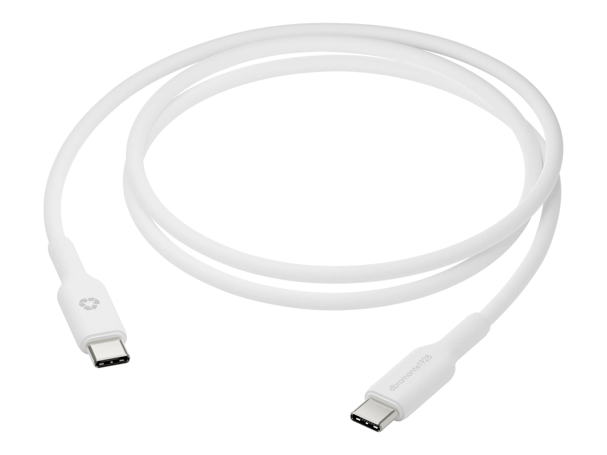 Ein weißes USB-C-Ladekabel mit Anschlüssen an beiden Enden, leicht aufgerollt auf weißem Hintergrund.